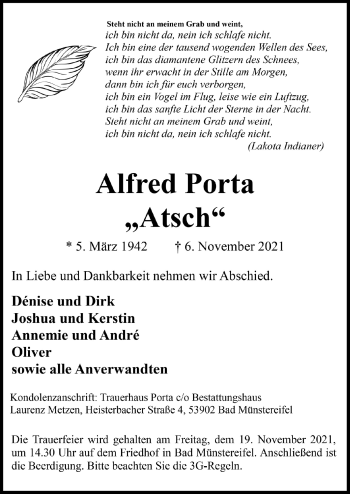 Anzeige von Alfred Porta von  Blickpunkt Euskirchen 