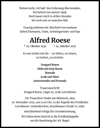 Anzeige von Alfred Roese von Kölner Stadt-Anzeiger / Kölnische Rundschau / Express