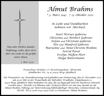 Anzeige von Almut Brahms von Kölner Stadt-Anzeiger / Kölnische Rundschau / Express