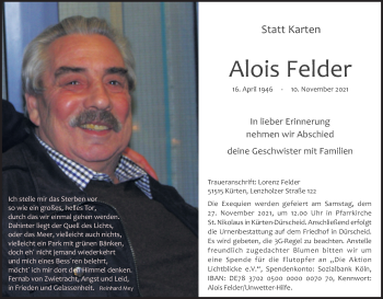 Anzeige von Alois Felder von Kölner Stadt-Anzeiger / Kölnische Rundschau / Express