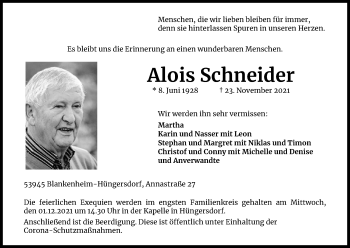 Anzeige von Alois Schneider von Kölner Stadt-Anzeiger / Kölnische Rundschau / Express