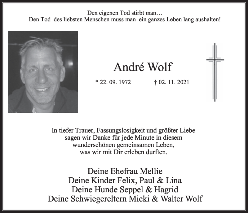  Traueranzeige für Andre Wolf vom 19.11.2021 aus  Wochenende 