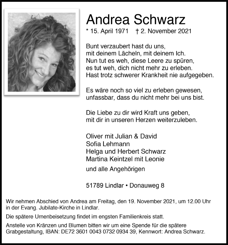  Traueranzeige für Andrea Schwarz vom 12.11.2021 aus  Anzeigen Echo 