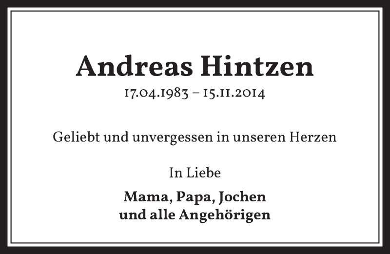  Traueranzeige für Andreas Hintzen vom 12.11.2021 aus  Werbepost 