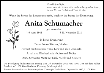 Anzeige von Anita Schumacher von Kölner Stadt-Anzeiger / Kölnische Rundschau / Express