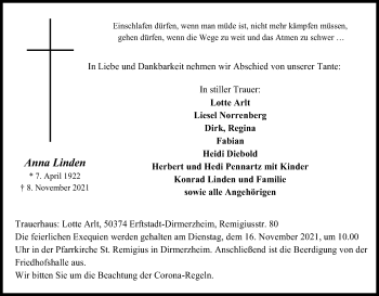 Anzeige von Anna Linden von Kölner Stadt-Anzeiger / Kölnische Rundschau / Express