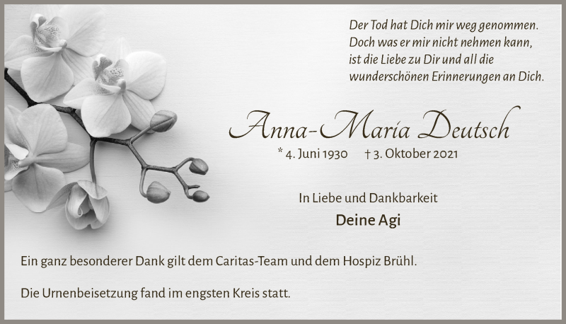  Traueranzeige für Anna-Maria Deutsch vom 05.11.2021 aus  Schlossbote/Werbekurier 