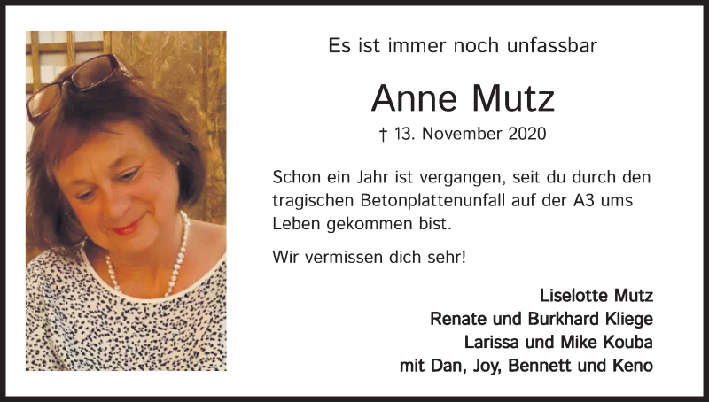  Traueranzeige für Anne Mutz vom 13.11.2021 aus Kölner Stadt-Anzeiger / Kölnische Rundschau / Express