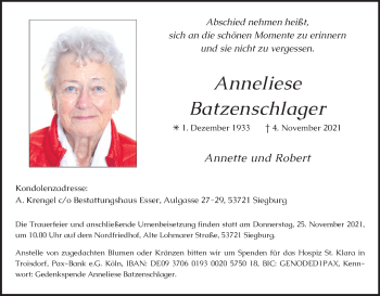 Anzeige von Anneliese Batzenschlager von Kölner Stadt-Anzeiger / Kölnische Rundschau / Express