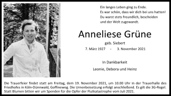 Anzeige von Anneliese Grüne von Kölner Stadt-Anzeiger / Kölnische Rundschau / Express