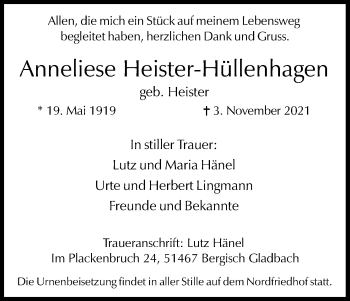 Anzeige von Anneliese Heister-Hüllenhagen von Kölner Stadt-Anzeiger / Kölnische Rundschau / Express