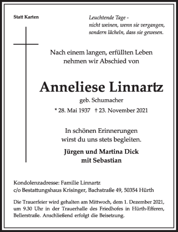 Anzeige von Anneliese Linnartz von  Wochenende 