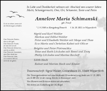 Anzeige von Annelore Maria Schimanski von Kölner Stadt-Anzeiger / Kölnische Rundschau / Express