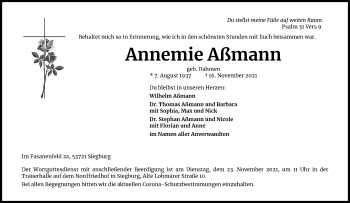 Anzeige von Annemie Aßmann von Kölner Stadt-Anzeiger / Kölnische Rundschau / Express