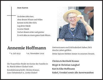 Anzeige von Annemie Hoffmann von Kölner Stadt-Anzeiger / Kölnische Rundschau / Express
