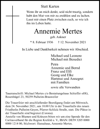 Anzeige von Annemie Mertes von Kölner Stadt-Anzeiger / Kölnische Rundschau / Express