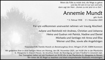 Anzeige von Annemie Mundt von Kölner Stadt-Anzeiger / Kölnische Rundschau / Express