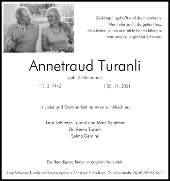Anzeige von Annetraud Turanli von Kölner Stadt-Anzeiger / Kölnische Rundschau / Express