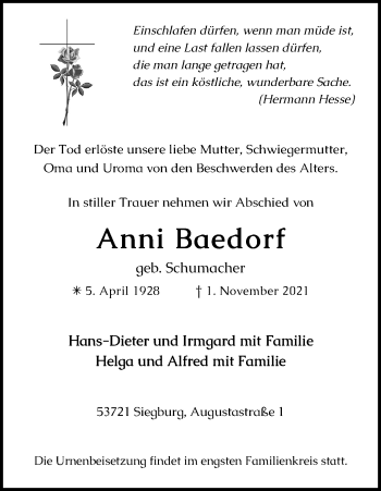 Anzeige von Anni Baedorf von Kölner Stadt-Anzeiger / Kölnische Rundschau / Express