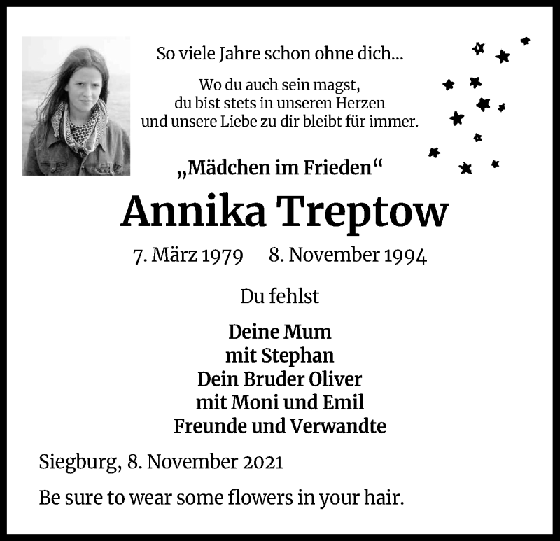  Traueranzeige für Annika Treptow vom 08.11.2021 aus Kölner Stadt-Anzeiger / Kölnische Rundschau / Express
