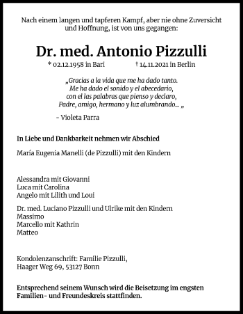 Anzeige von Antonio Pizzulli von Kölner Stadt-Anzeiger / Kölnische Rundschau / Express