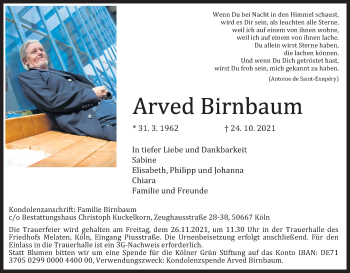 Anzeige von Arved Birnbaum von Kölner Stadt-Anzeiger / Kölnische Rundschau / Express