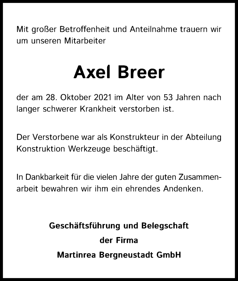  Traueranzeige für Axel Breer vom 13.11.2021 aus Kölner Stadt-Anzeiger / Kölnische Rundschau / Express