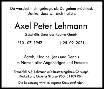 Anzeige von Axel Peter Lehmann von Kölner Stadt-Anzeiger / Kölnische Rundschau / Express