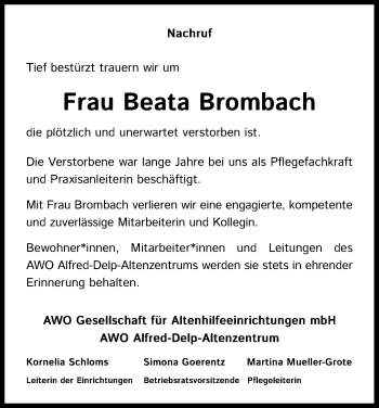 Anzeige von Beata Brombach von Kölner Stadt-Anzeiger / Kölnische Rundschau / Express