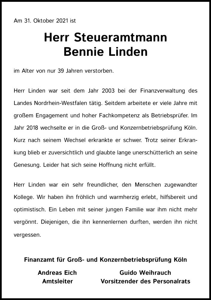  Traueranzeige für Bennie Linden vom 17.11.2021 aus Kölner Stadt-Anzeiger / Kölnische Rundschau / Express