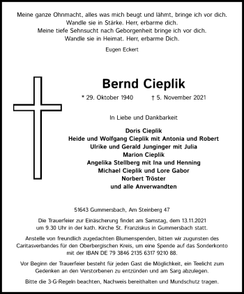 Anzeige von Bernd Cieplik von Kölner Stadt-Anzeiger / Kölnische Rundschau / Express