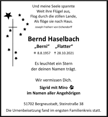 Anzeige von Bernd Haselbach von  Anzeigen Echo 