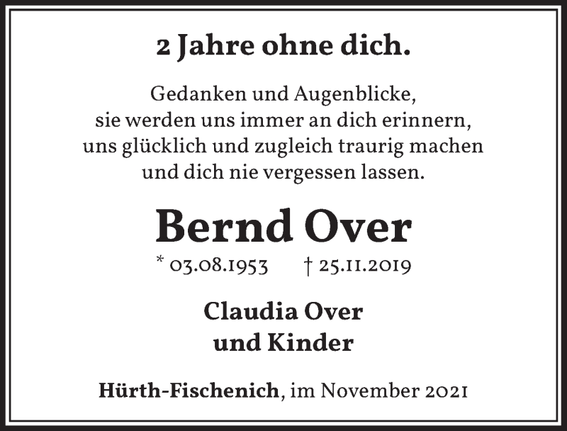  Traueranzeige für Bernd Over vom 26.11.2021 aus  Schlossbote/Werbekurier 