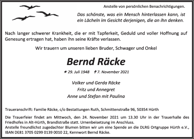  Traueranzeige für Bernd Räcke vom 19.11.2021 aus  Wochenende 