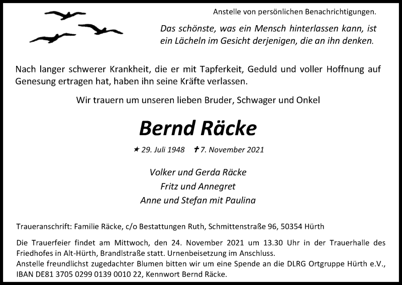  Traueranzeige für Bernd Räcke vom 20.11.2021 aus Kölner Stadt-Anzeiger / Kölnische Rundschau / Express