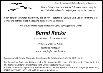 Anzeige von Bernd Räcke von Kölner Stadt-Anzeiger / Kölnische Rundschau / Express
