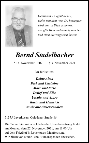 Anzeige von Bernd Stadelbacher von Kölner Stadt-Anzeiger / Kölnische Rundschau / Express