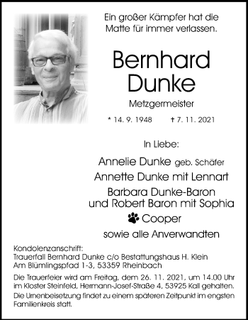 Anzeige von Bernhard Dunke von Kölner Stadt-Anzeiger / Kölnische Rundschau / Express