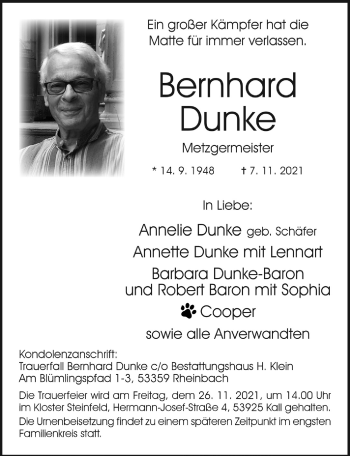 Anzeige von Bernhard Dunke von  Blickpunkt Euskirchen 