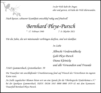 Anzeige von Bernhard Pleye-Pursch von Kölner Stadt-Anzeiger / Kölnische Rundschau / Express