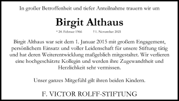 Anzeige von Birgit Althaus von Kölner Stadt-Anzeiger / Kölnische Rundschau / Express