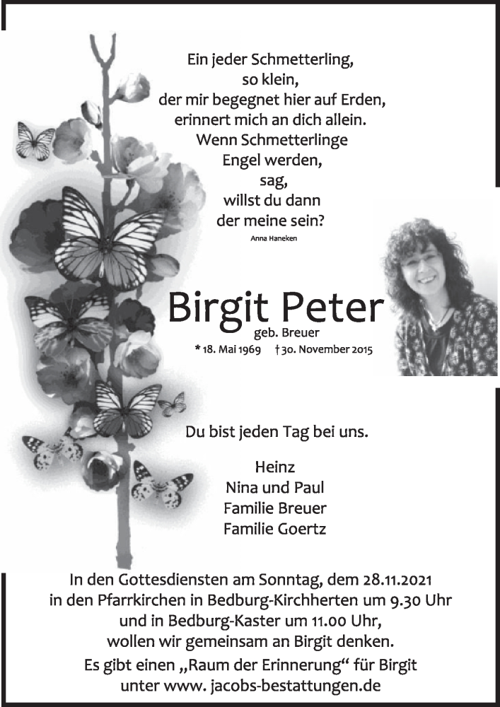  Traueranzeige für Birgit Peter vom 26.11.2021 aus  Werbepost 