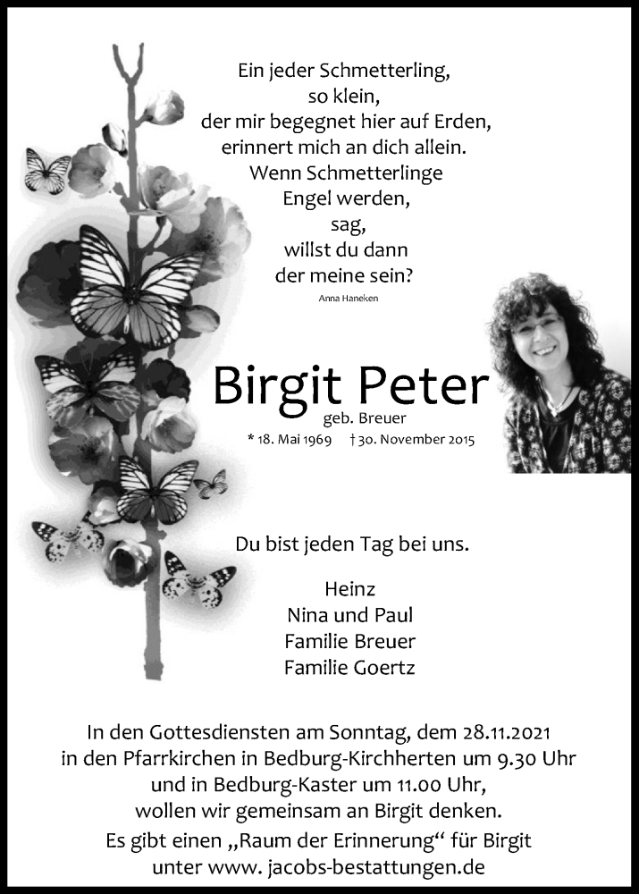  Traueranzeige für Birgit Peter vom 27.11.2021 aus Kölner Stadt-Anzeiger / Kölnische Rundschau / Express