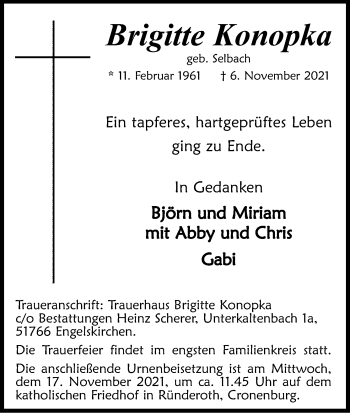 Anzeige von Brigitte Konopka von Kölner Stadt-Anzeiger / Kölnische Rundschau / Express