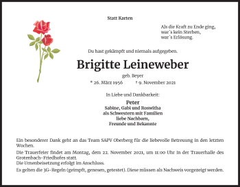 Anzeige von Brigitte Leineweber von Kölner Stadt-Anzeiger / Kölnische Rundschau / Express