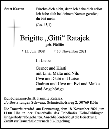 Anzeige von Brigitte  Ratajek von Kölner Stadt-Anzeiger / Kölnische Rundschau / Express
