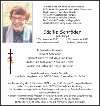 Anzeige von Cäcilie Schröder von Kölner Stadt-Anzeiger / Kölnische Rundschau / Express