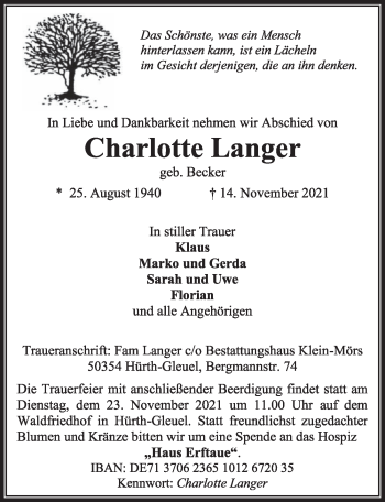 Anzeige von Charlotte Langer von  Wochenende 