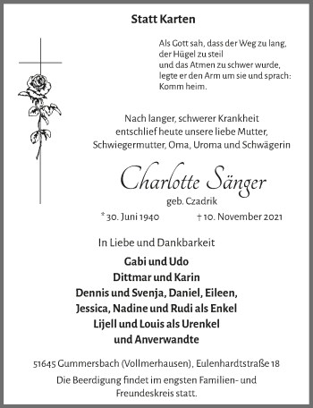Anzeige von Charlotte Sänger von  Anzeigen Echo 