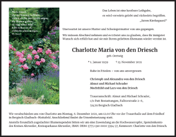 Anzeige von Charlotte Maria von den Driesch von Kölner Stadt-Anzeiger / Kölnische Rundschau / Express